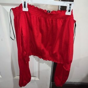 Red cropped off the shoulder long sleeve